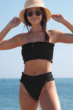 Ocean Chic - Solides schwarzes gesmoktes Bikini-Set aus elastischer Kordel