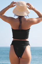 Ocean Chic - Solides schwarzes gesmoktes Bikini-Set aus elastischer Kordel