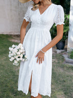 Besticktes Midikleid mit hoher Taille und V-Ausschnitt - Ferchna