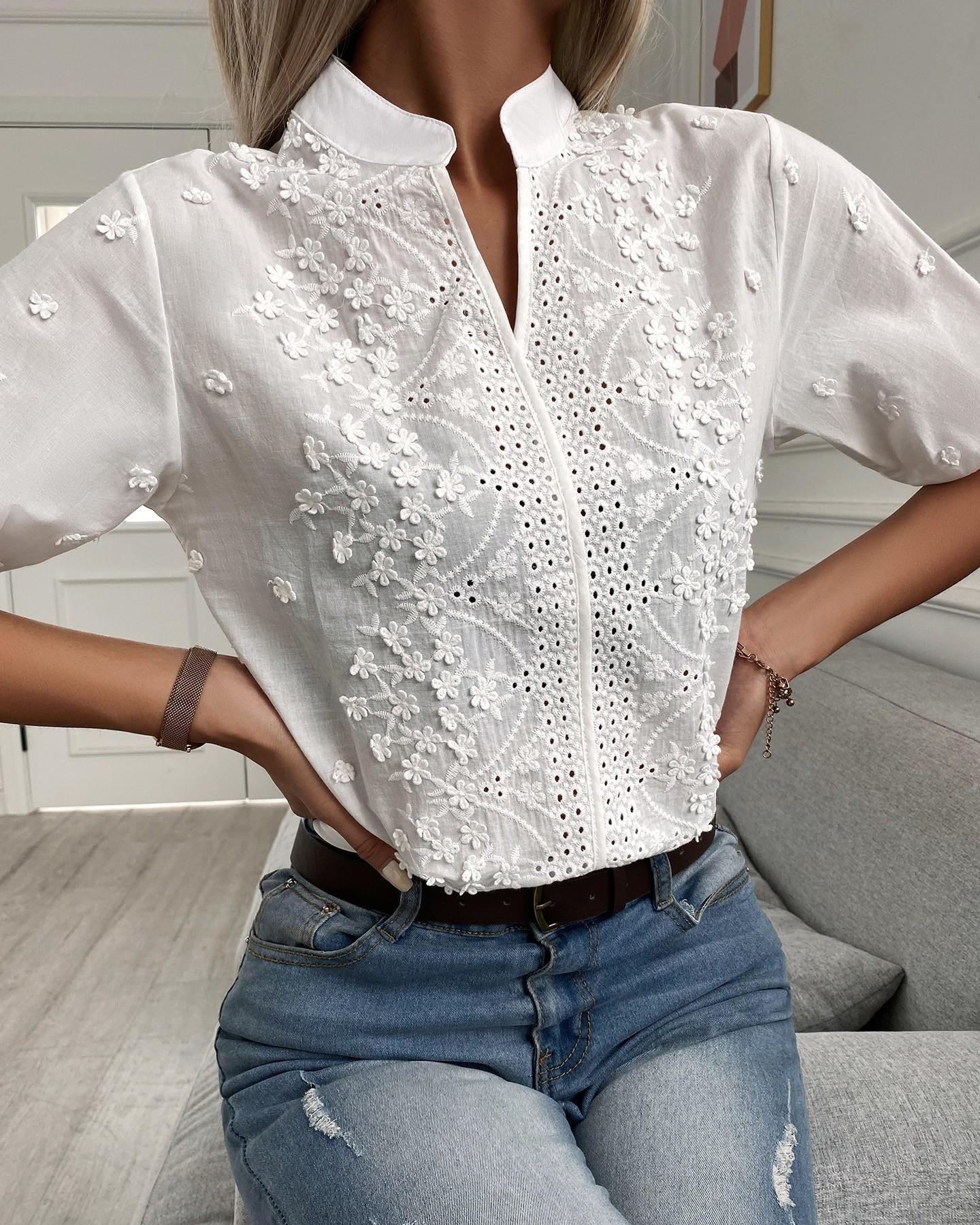 Diana - Damen-Spitzenbluse mit hohem Ausschnitt und V-Ausschnitt