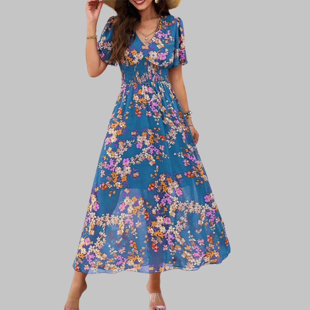 Mareina - Midikleid mit floralem V-Ausschnitt und kurzen Ärmeln