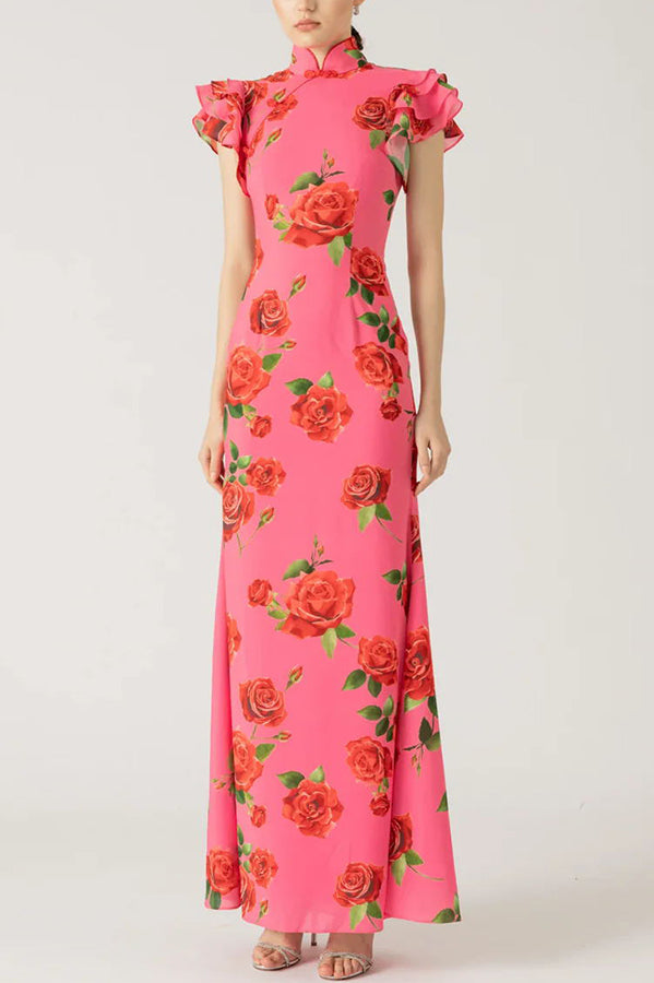 Elena - Langes Kleid mit ausgestellten Ärmeln und floralem Rosendruck