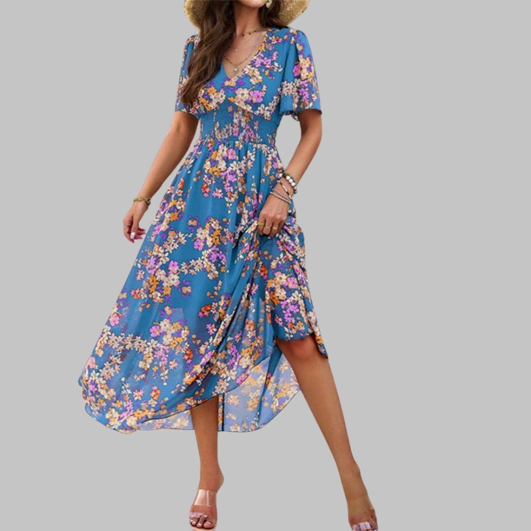 Mareina - Midikleid mit floralem V-Ausschnitt und kurzen Ärmeln