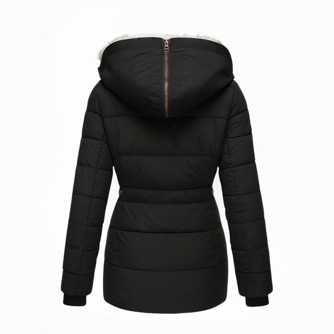 Wintermantel mit Fellfutter warmer stilvoller Damenmantel figurbetonte Passform - Anna