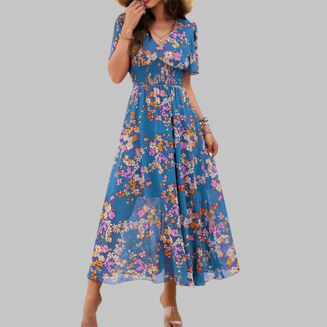 Mareina - Midikleid mit floralem V-Ausschnitt und kurzen Ärmeln
