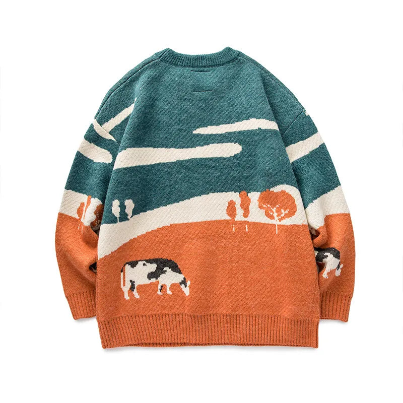 Herren Strickpullover mit Landschaftsmotiv und Kühen - Thomas