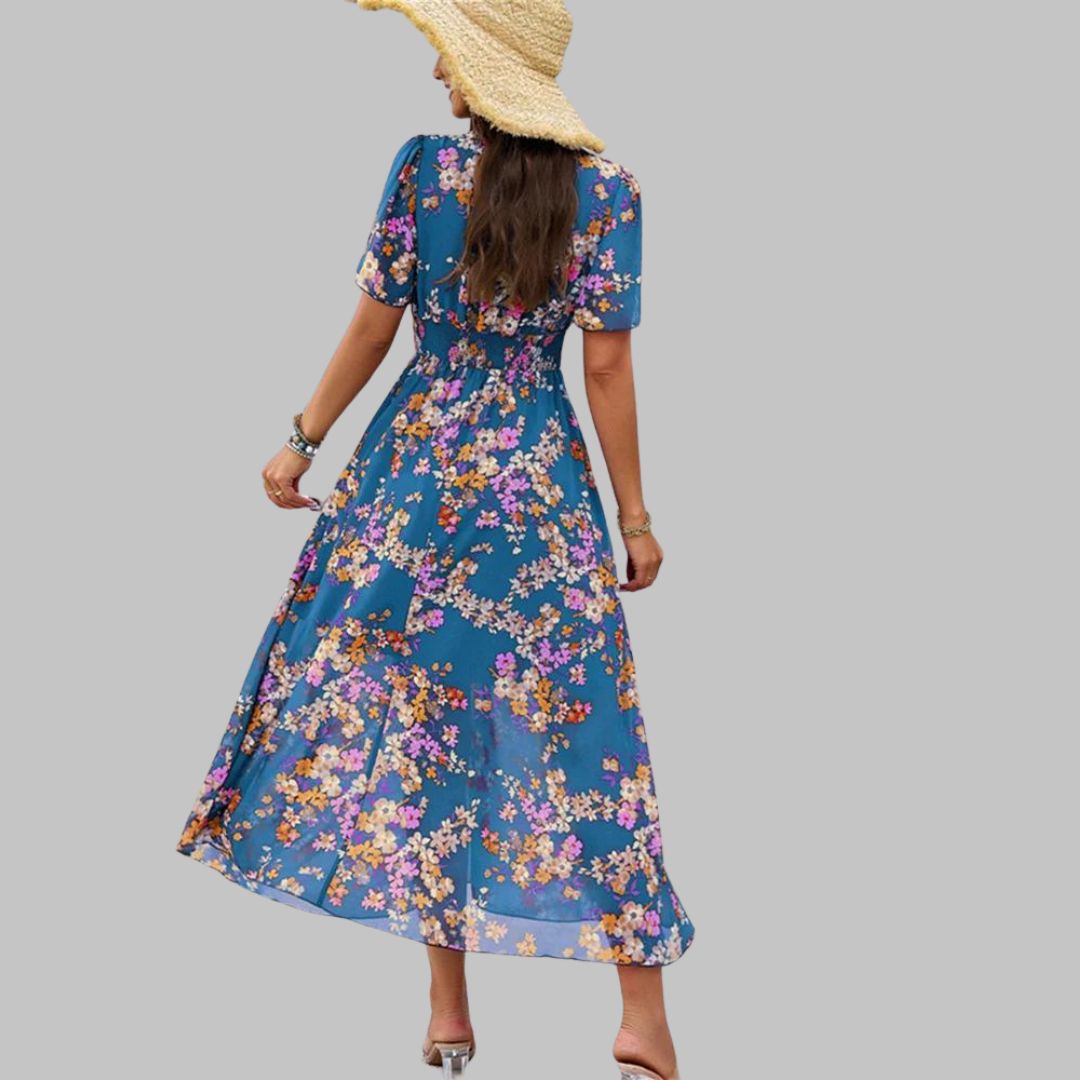 Mareina - Midikleid mit floralem V-Ausschnitt und kurzen Ärmeln