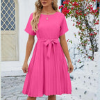 Isabella - Klassisches plissiertes Midikleid mit Bindeband an der Taille