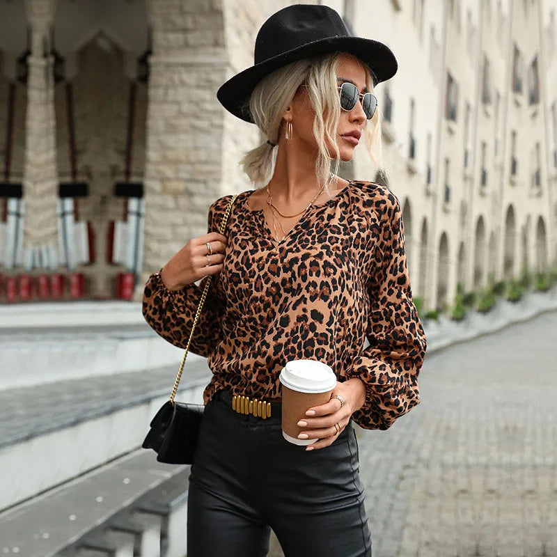 Retro Damenbluse mit Leopardenmuster und langen Ärmeln - Lina