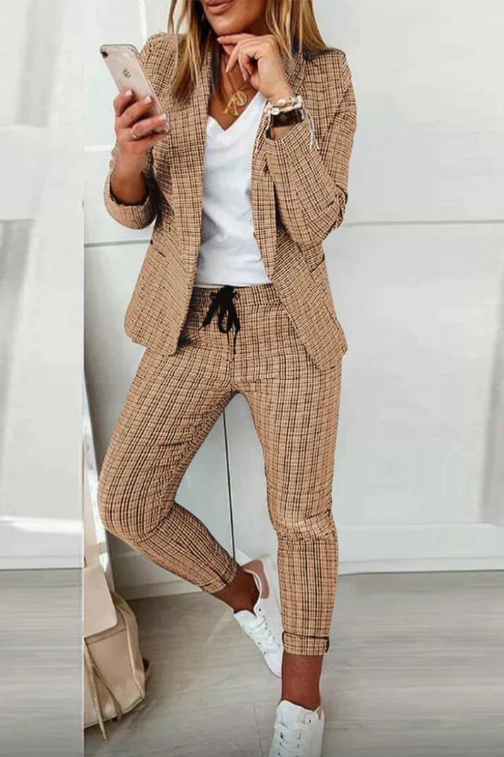 Rici - Casual Street Plaid Langarm Zweiteiliges Set