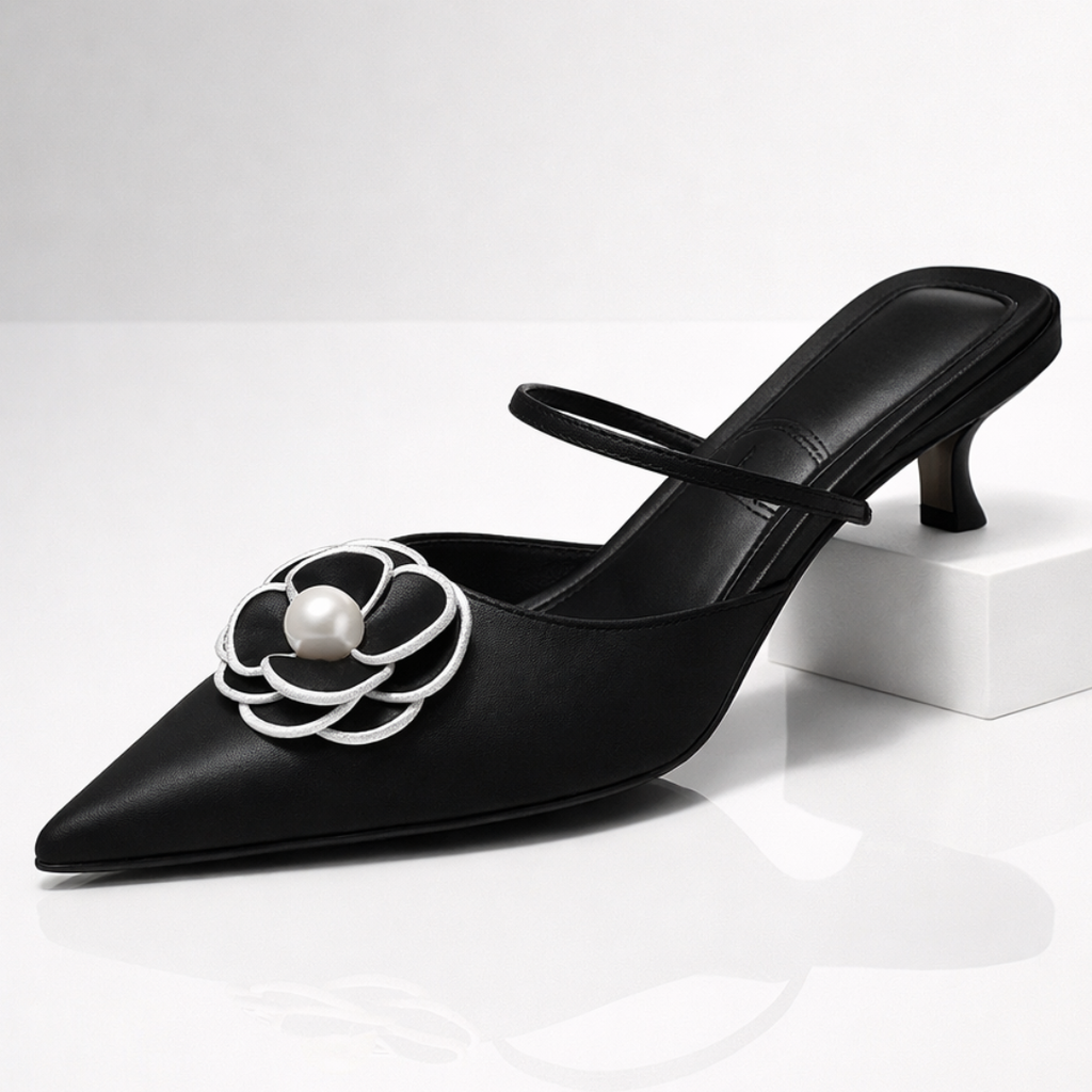 Damen Slingback-Schuh mit niedrigem Absatz und applizierter Blume - Vivienne