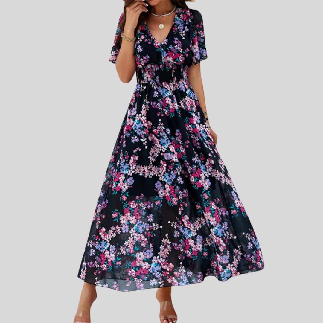 Mareina - Midikleid mit floralem V-Ausschnitt und kurzen Ärmeln