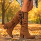 Hohe Damenstiefel mit Fransen und bequemem Absatz - Magda