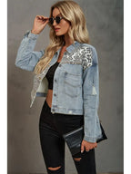 Jeansjacke im Used-Look mit Leopardenmuster und Patchwork