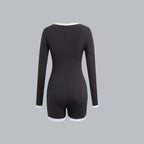 Melanie - Langärmliger Playsuit mit Kontrastbesatz und Knopfleiste