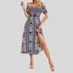 Aurora - Langes Boho-Kleid mit freien Schultern und Rüschen