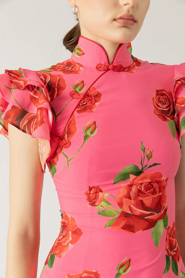 Elena - Langes Kleid mit ausgestellten Ärmeln und floralem Rosendruck
