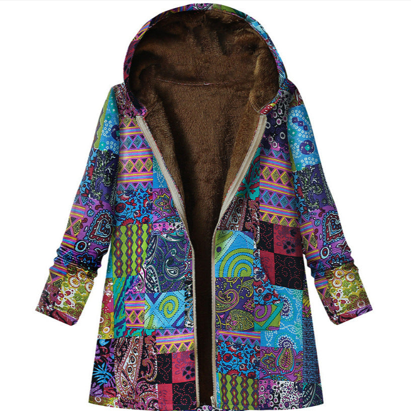Damenmantel mit Kapuze und Retro-Thermodruck - Luny