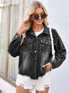 Jeansjacke im Used-Look mit Perlendetails und langen Ärmeln