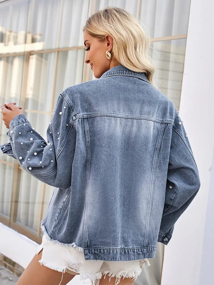 Jeansjacke im Used-Look mit Perlendetails und langen Ärmeln