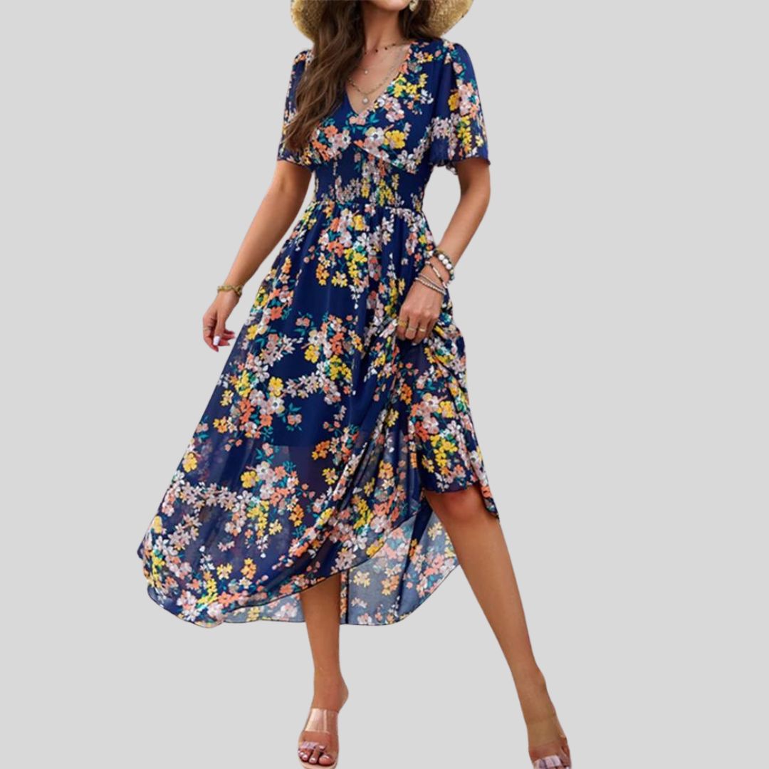 Mareina - Midikleid mit floralem V-Ausschnitt und kurzen Ärmeln