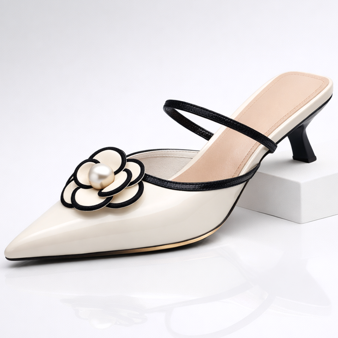 Damen Slingback-Schuh mit niedrigem Absatz und applizierter Blume - Vivienne