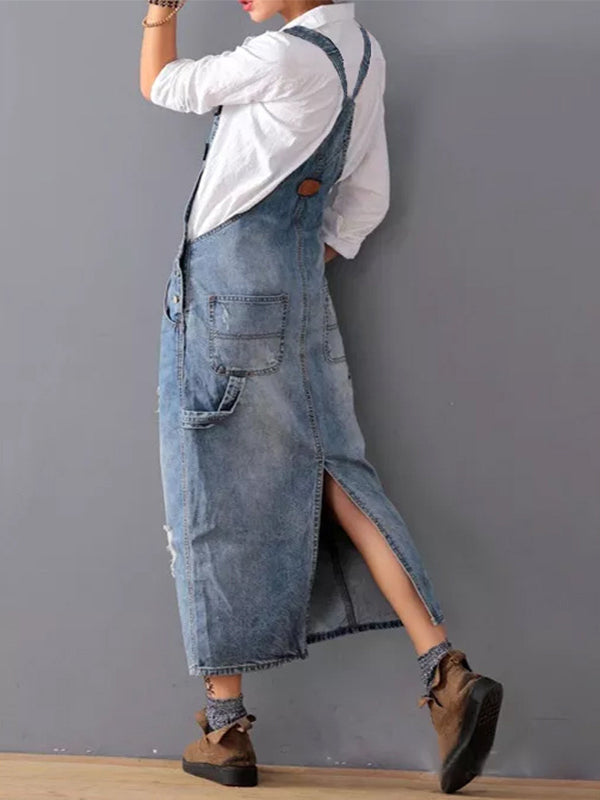 Latzkleid aus Distressed-Jeansstoff mit Schlitz hinten - Lara