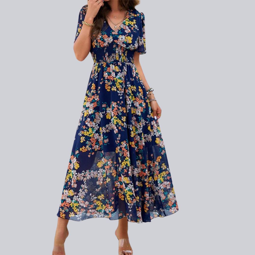 Mareina - Midikleid mit floralem V-Ausschnitt und kurzen Ärmeln