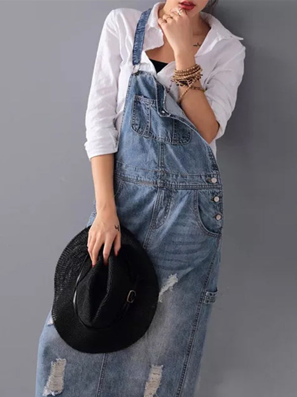 Latzkleid aus Distressed-Jeansstoff mit Schlitz hinten - Lara