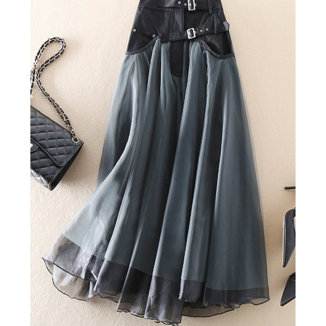 Damen Midi-Rock mit hoher Taille und Lagenlook – mit Gürtel