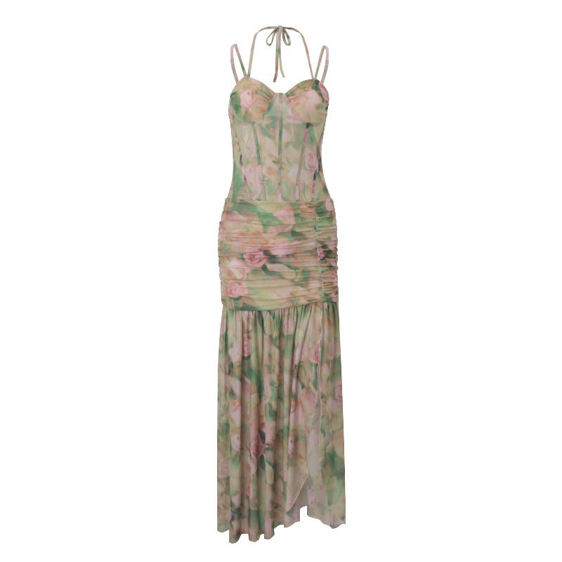 Langes Damenkleid mit dünnen Trägern und Schlitz vorne - Agneta
