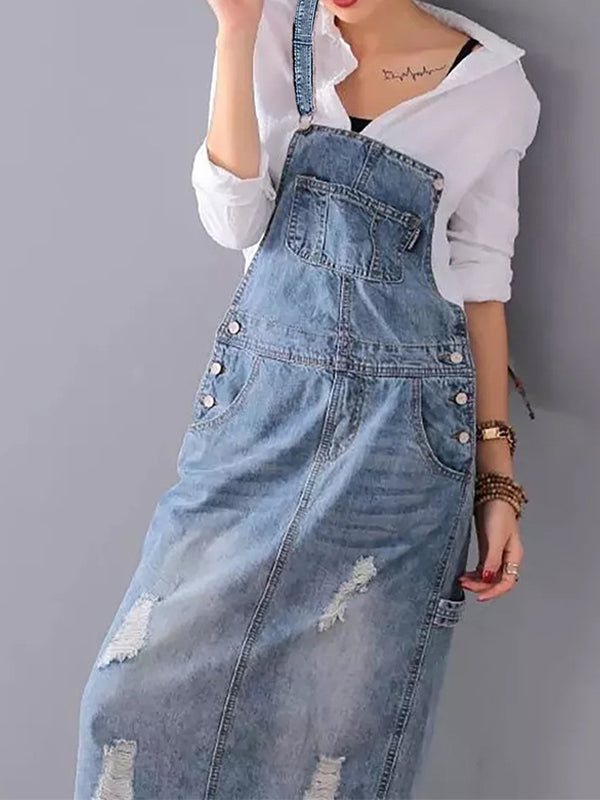 Latzkleid aus Distressed-Jeansstoff mit Schlitz hinten - Lara