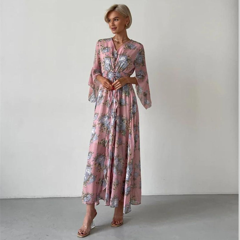 Norian - Florales Midi-Kleid mit V-Ausschnitt