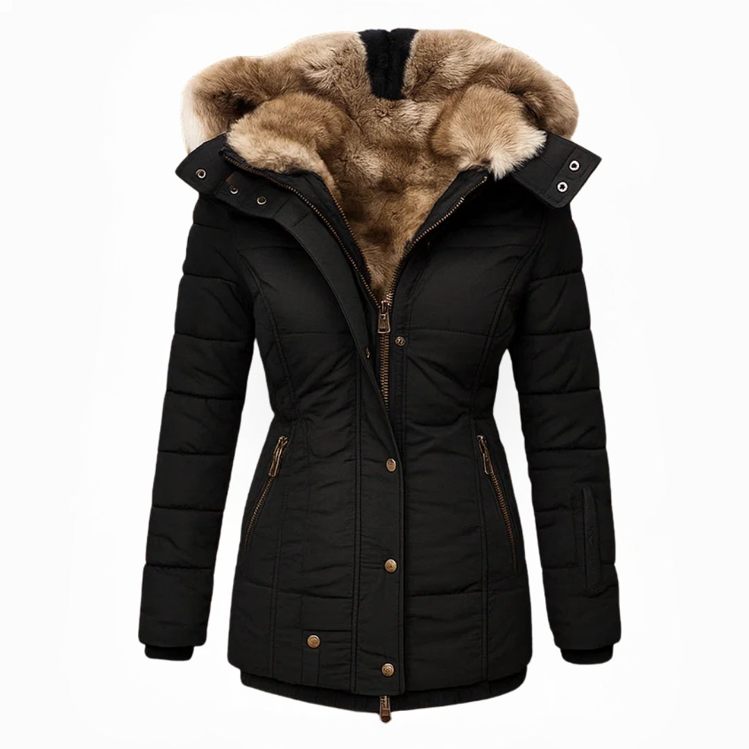 Wintermantel mit Fellfutter warmer stilvoller Damenmantel figurbetonte Passform - Anna