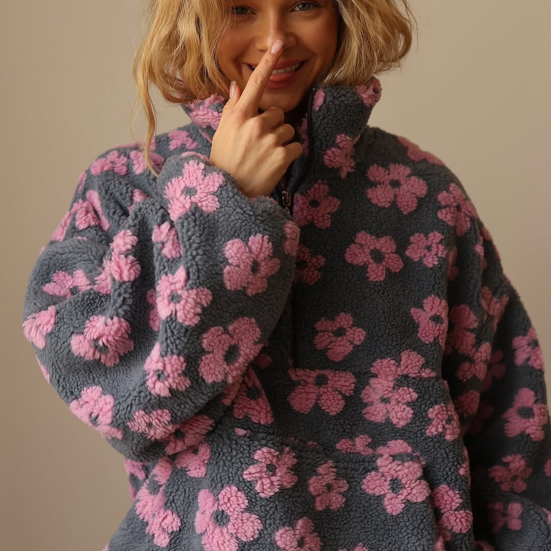 Fleece Pullover Bloom kuschelig warmes Sherpa Innenfutter Boho Stil für kalte Tage - Daisy