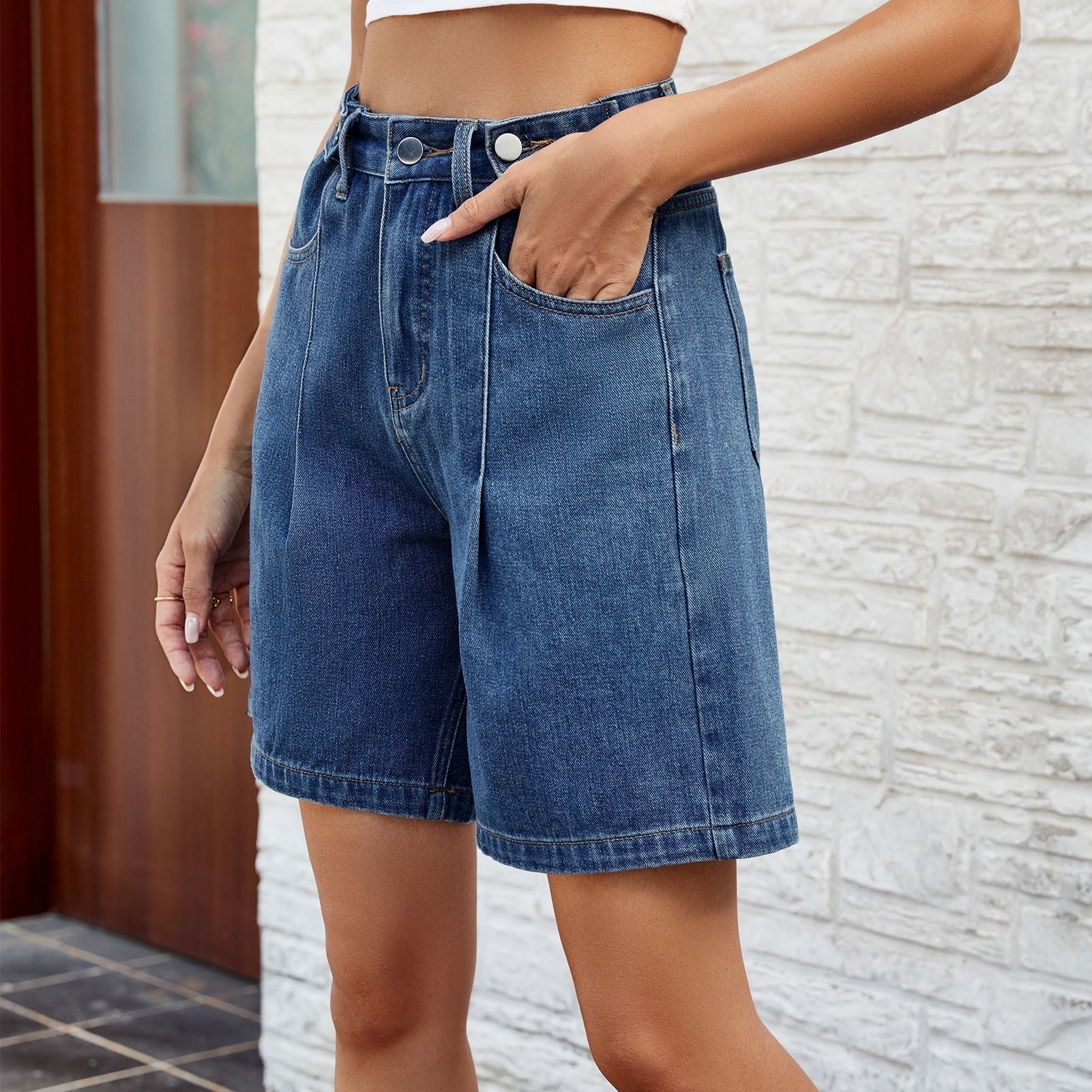 Damen Denim Bermuda gerade geschnitten Vintage-Stil blau - Kendra