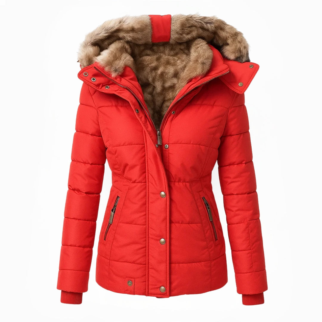 Wintermantel mit Fellfutter warmer stilvoller Damenmantel figurbetonte Passform - Anna