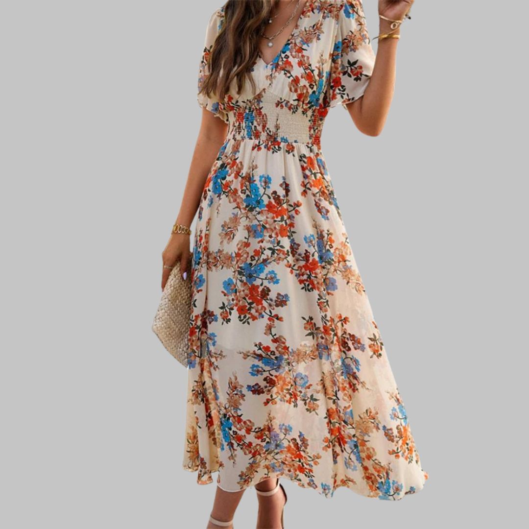 Mareina - Midikleid mit floralem V-Ausschnitt und kurzen Ärmeln