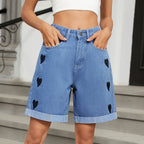 Denim Bermudashorts Frau Herzen gestickt hellblau - Liora