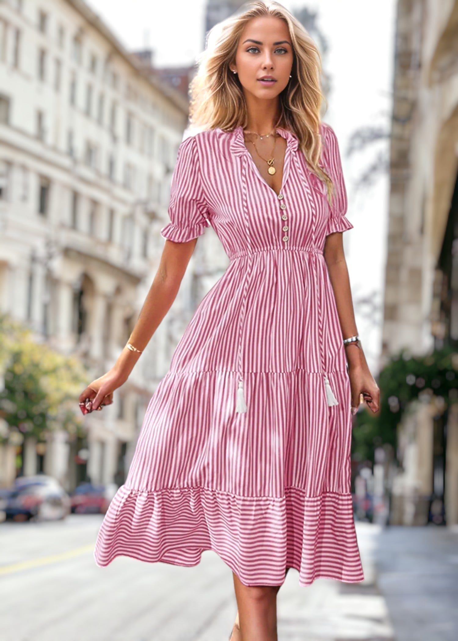 Jade - Gestreiftes Kleid mit Puffärmeln
