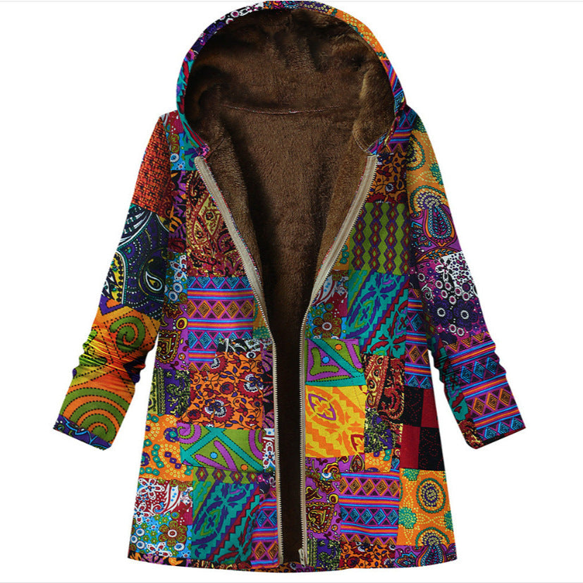 Damenmantel mit Kapuze und Retro-Thermodruck - Luny