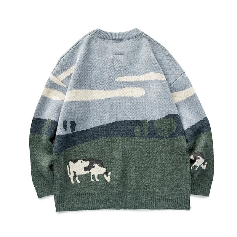 Herren Strickpullover mit Landschaftsmotiv und Kühen - Thomas