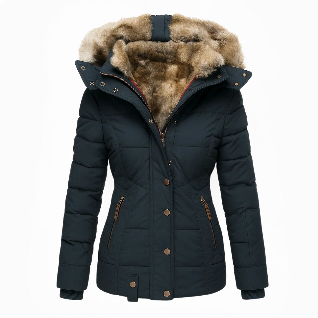 Wintermantel mit Fellfutter warmer stilvoller Damenmantel figurbetonte Passform - Anna