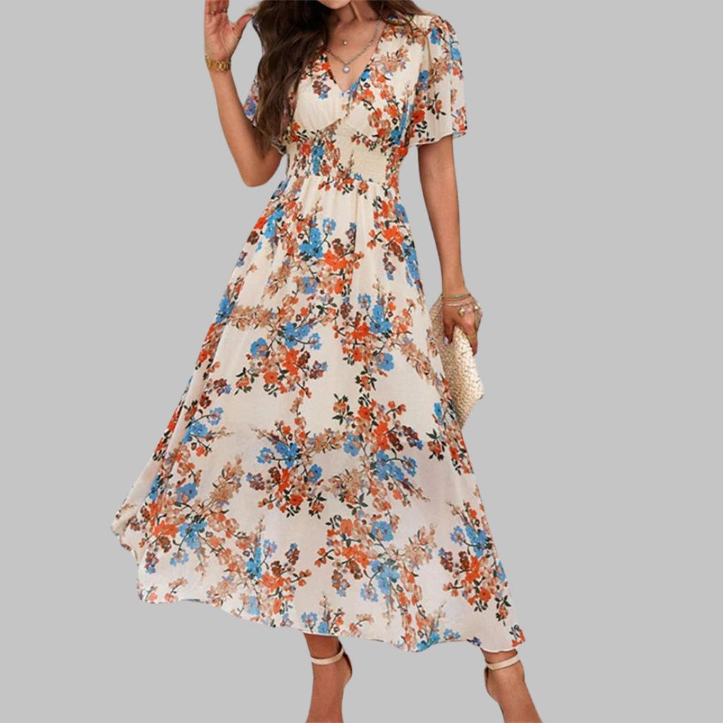 Mareina - Midikleid mit floralem V-Ausschnitt und kurzen Ärmeln