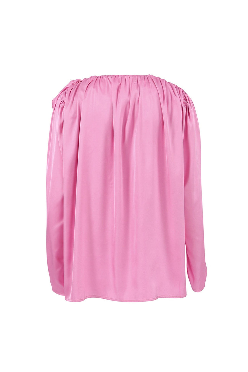 Victoria - Rosafarbene Bluse mit gerafftem V-Ausschnitt und floraler Spitze