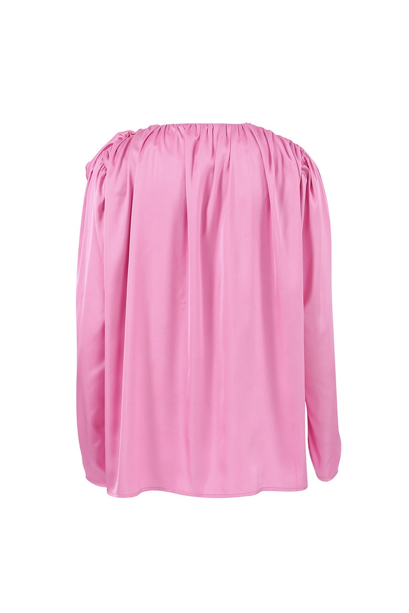 Victoria - Rosafarbene Bluse mit gerafftem V-Ausschnitt und floraler Spitze