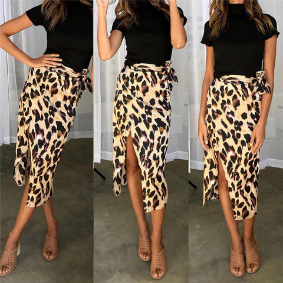 Damen Midi-Sommerrock mit Leopardenprint und Schlitz