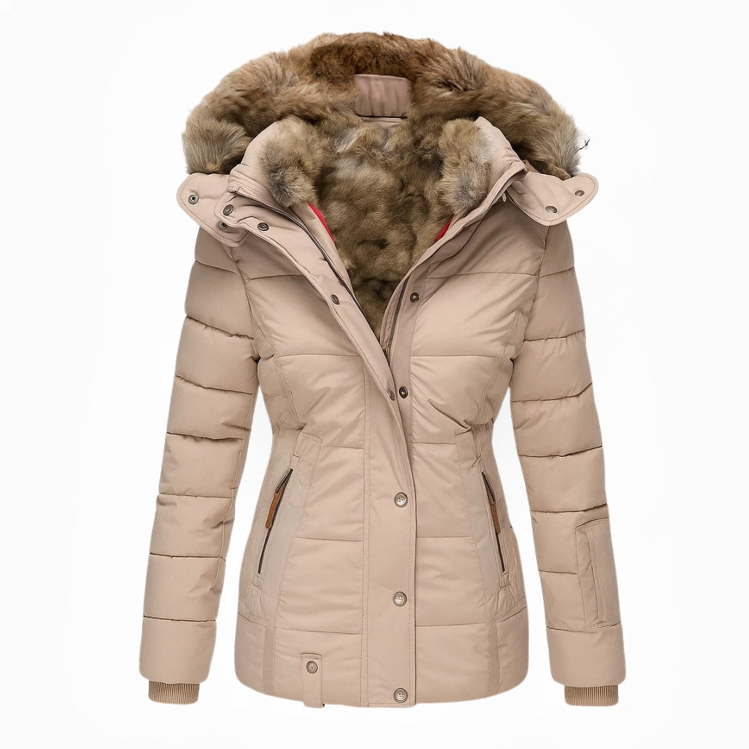 Wintermantel mit Fellfutter warmer stilvoller Damenmantel figurbetonte Passform - Anna