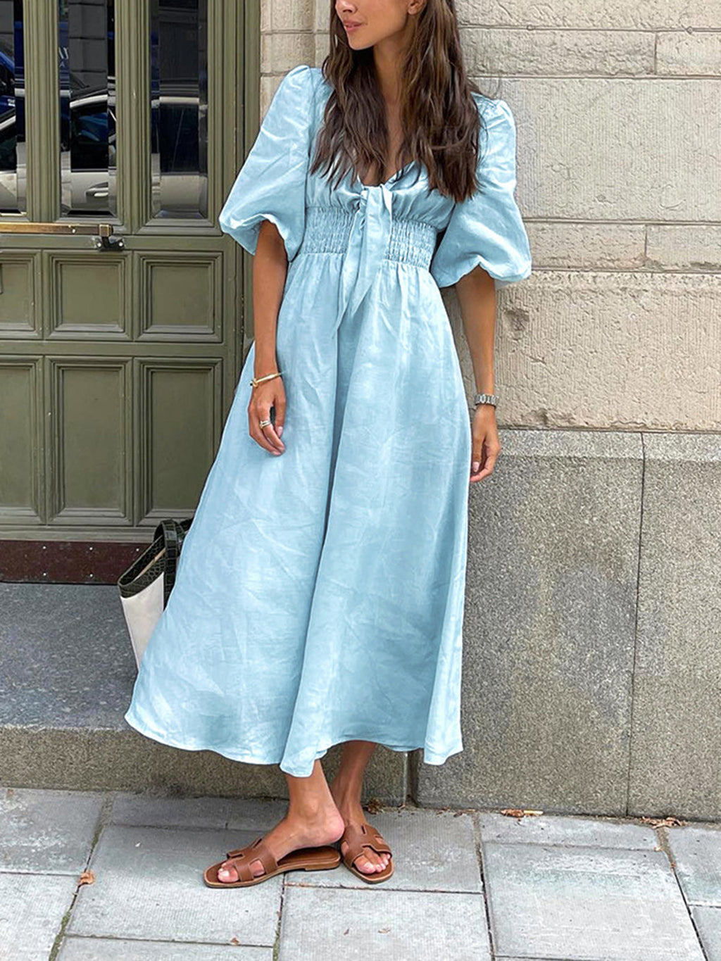 Jacqueline - Midikleid mit Krawatte aus Leinen und Baumwolle