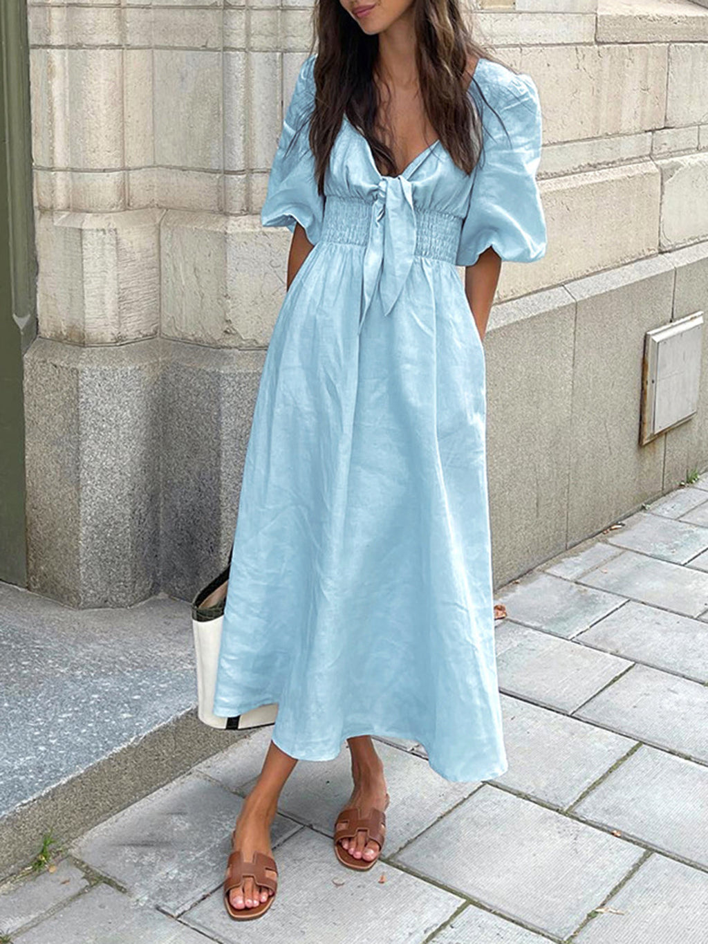 Jacqueline - Midikleid mit Krawatte aus Leinen und Baumwolle